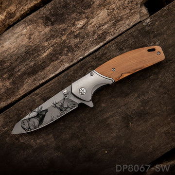 Stainless Steel Folding Knife with 3D Printing Pattern Blade and Non-Slip Olive Wood Handle